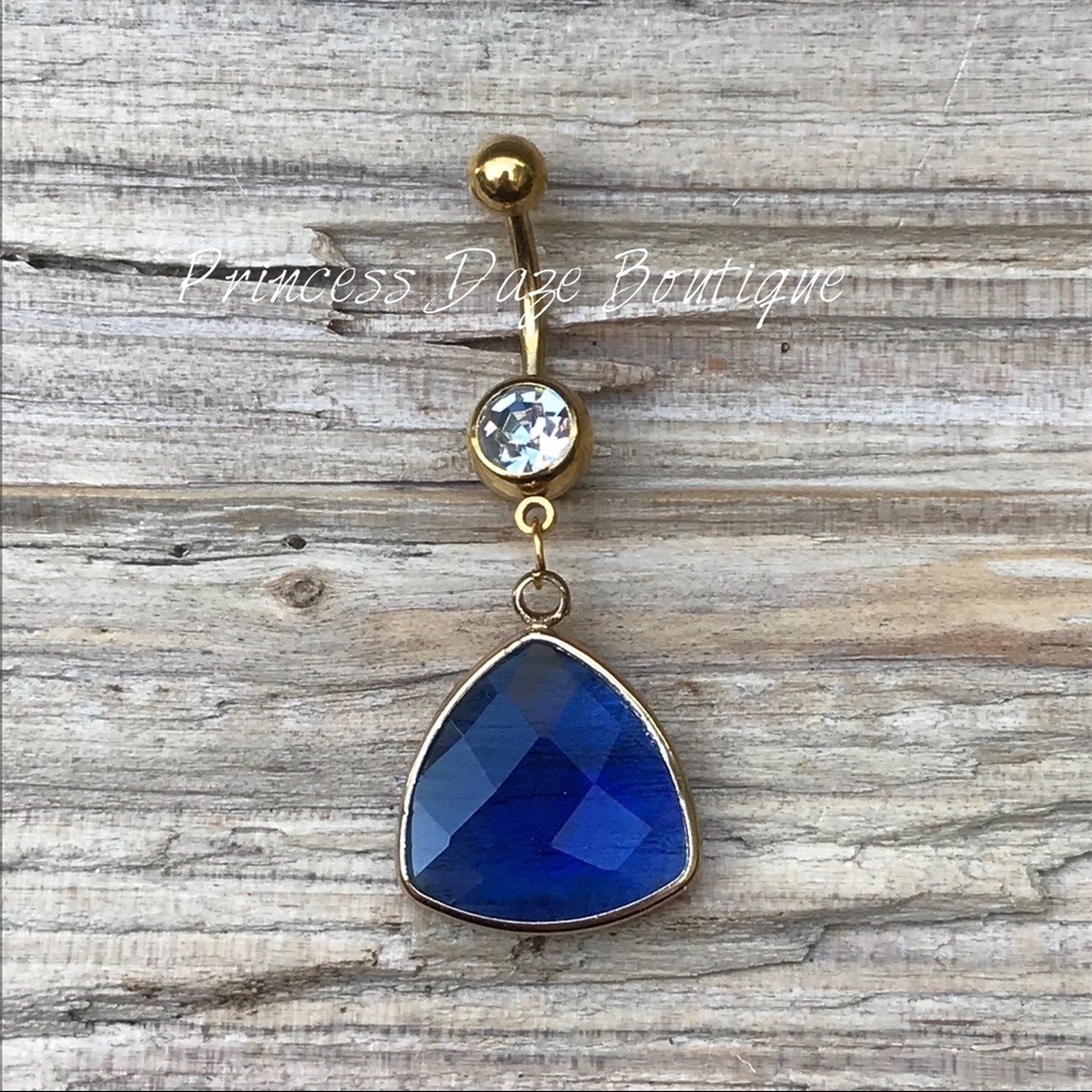 Gold Blue Faceted Glass Crystal Belly Button Ring